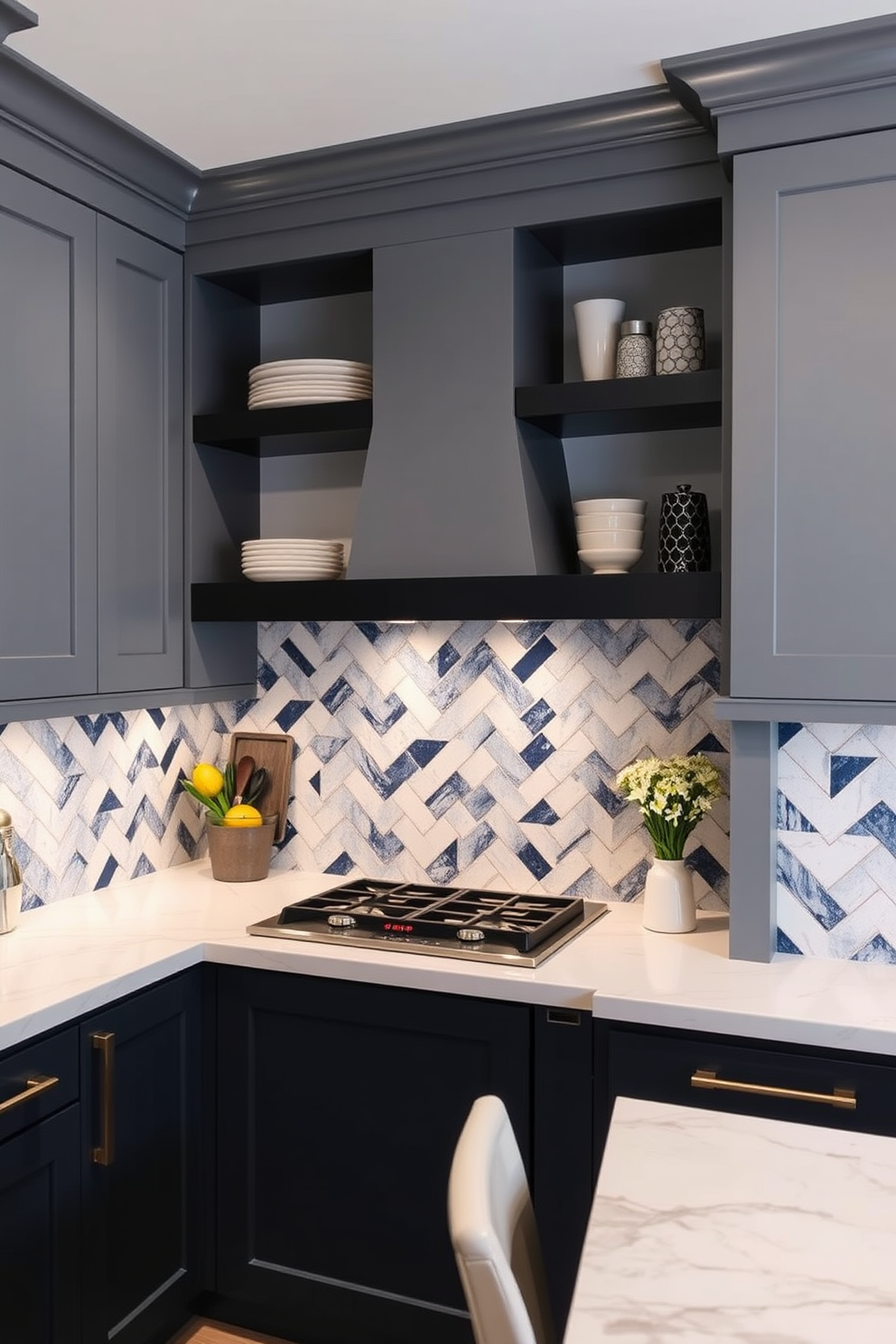 A stunning kitchen featuring a tiled backsplash that combines functionality and aesthetic appeal. The backsplash showcases a mix of glossy white and deep navy tiles arranged in a herringbone pattern, creating a striking visual contrast. The walls are painted in a soft gray hue that complements the cabinetry. A series of open shelves display elegant dishware and decorative items, adding personality to the space. The backsplash extends around the kitchen, creating a seamless flow between the cooking and dining areas. Under-cabinet lighting highlights the textures and colors of the tiles, enhancing the overall ambiance.