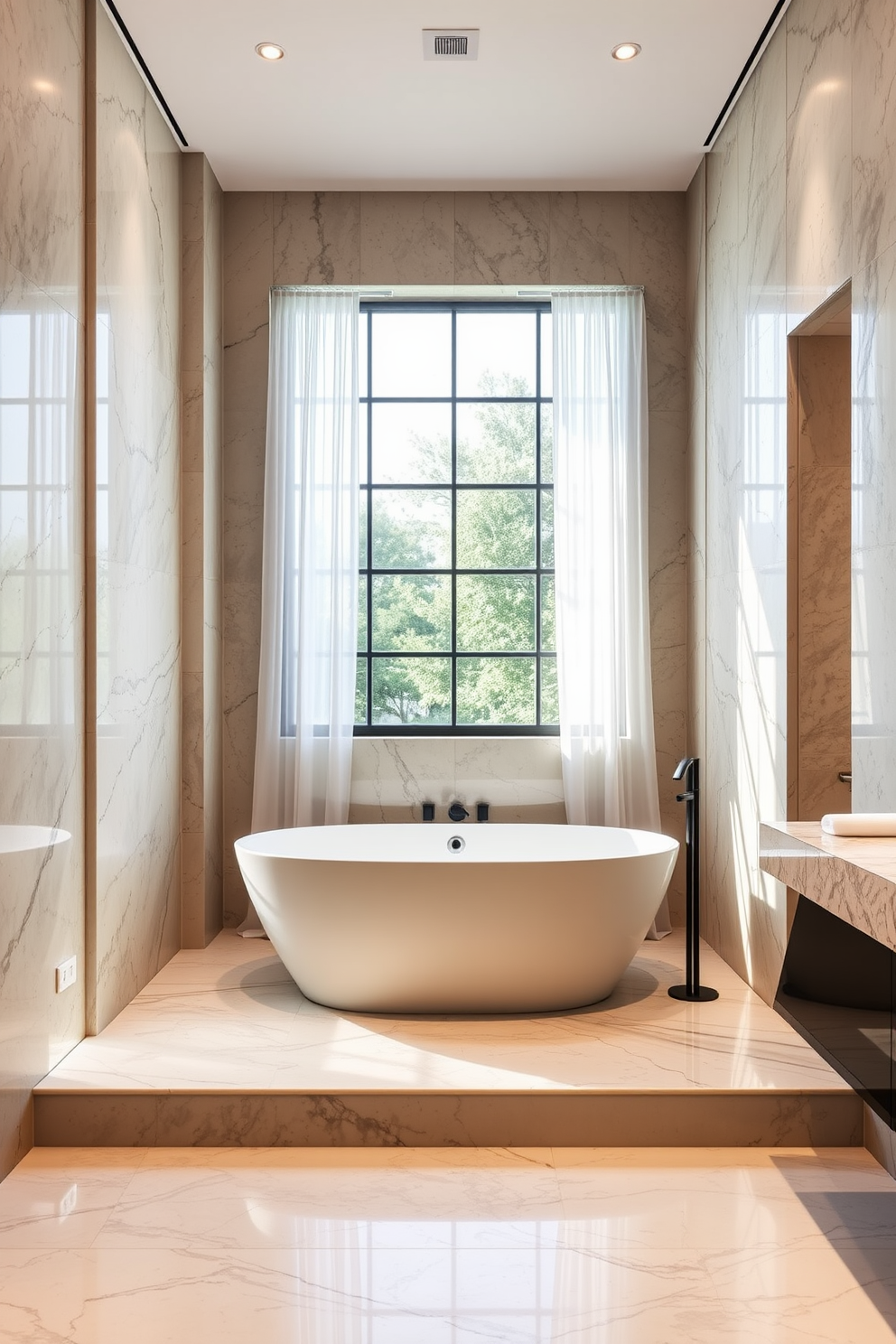 A luxurious bathroom featuring natural stone walls that exude elegance. The design incorporates large slabs of polished marble with subtle veining for a sophisticated look. Complementing the natural stone, the bathroom includes a freestanding soaking tub positioned beneath a large window. Soft natural light filters through sheer curtains, enhancing the serene atmosphere.