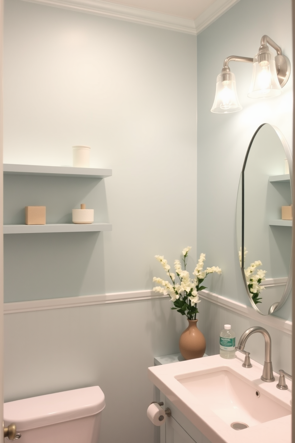 A serene bathroom space featuring pastel-colored walls that create a soft and calming ambiance. The design includes delicate patterns or textures that enhance the gentle hues while maintaining a cohesive look. Incorporate elements such as floating shelves painted in a complementary pastel shade to display decorative items. Add soft lighting fixtures that cast a warm glow, enhancing the tranquil atmosphere of the bathroom.