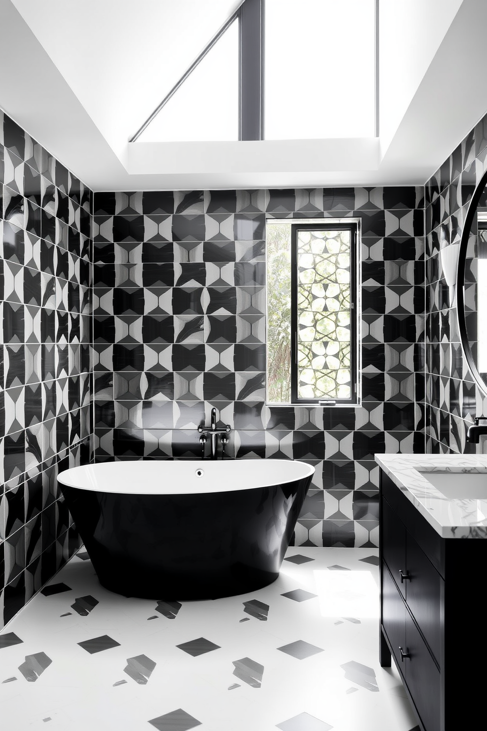 A striking black and white bathroom featuring a sleek freestanding tub positioned under a large window. The walls are adorned with geometric black and white tiles that create a bold visual effect. A minimalist black vanity with a white countertop complements the design. Above the vanity, a round mirror with a black frame reflects the stylish decor, enhancing the elegance of the space.