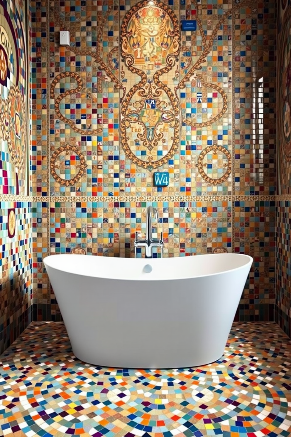 A vibrant bathroom featuring intricate mosaic patterns that create a stunning visual impact. The walls showcase a blend of colorful tiles arranged in artistic designs, enhancing the overall ambiance of the space. The floor complements the wall design with a contrasting mosaic pattern that draws the eye. A sleek freestanding bathtub sits elegantly against the backdrop of the artistic wall, inviting relaxation and creativity.