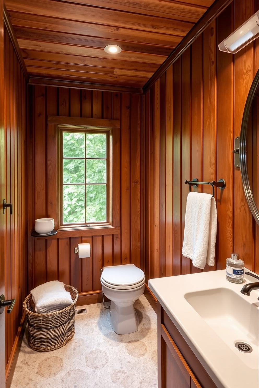 A cozy bathroom with rich wood paneling that adds warmth and charm. The walls are adorned with vertical wooden slats, creating a rustic yet elegant atmosphere.