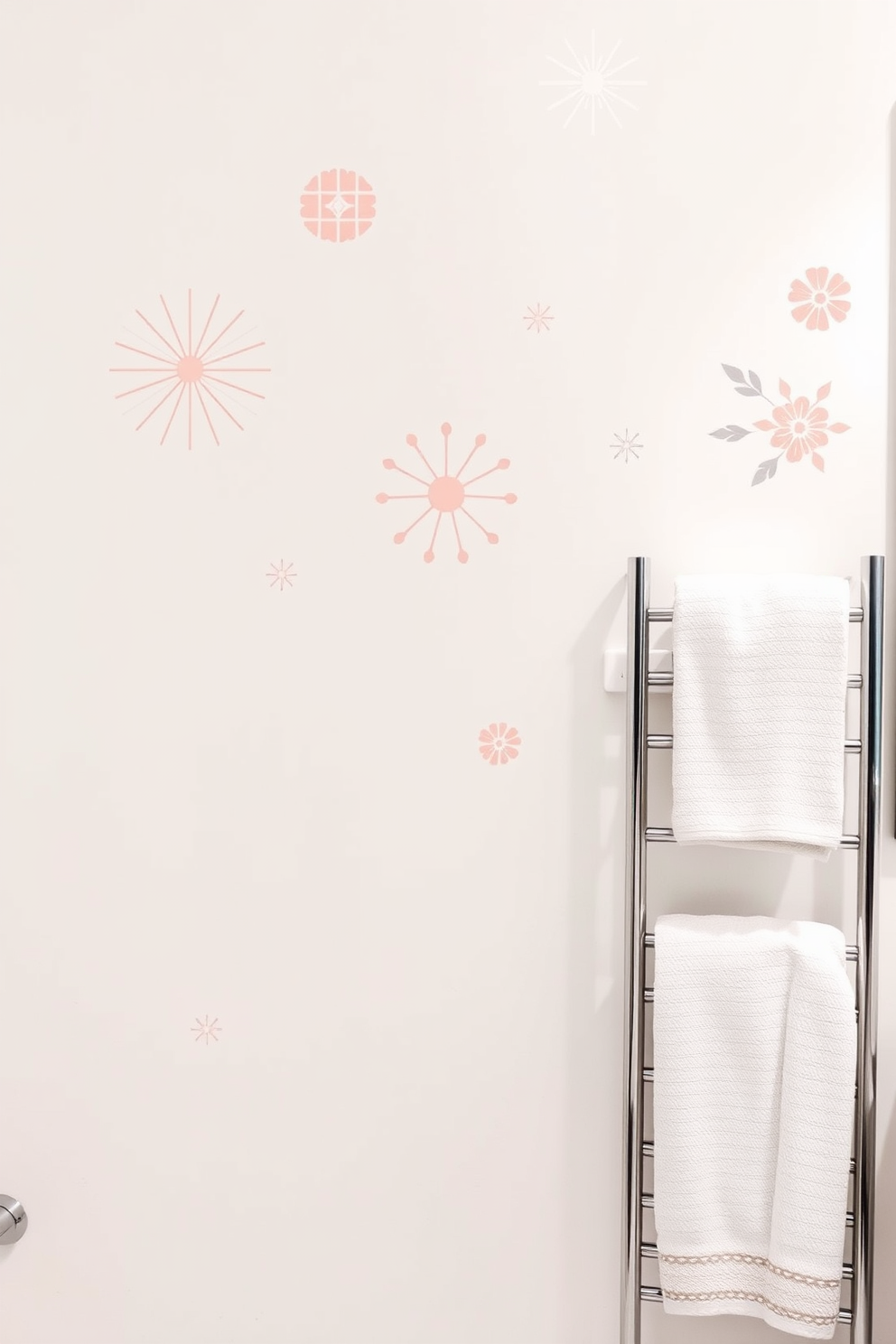 A modern bathroom wall featuring stylish vinyl decals that allow for easy customization. The decals include geometric patterns and floral designs in soft pastel colors, enhancing the overall aesthetic of the space. The wall is painted in a crisp white hue to create a clean backdrop for the decals. A sleek towel rack is mounted beside the wall, showcasing neatly folded towels that complement the color scheme.