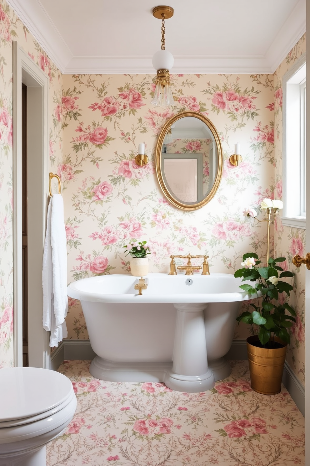 A bright and airy bathroom adorned with floral wallpaper featuring large colorful blossoms. The wallpaper complements a sleek white bathtub with elegant gold fixtures and a matching floral shower curtain. The space is enhanced by natural light streaming in through a frosted window, illuminating the delicate patterns. A wooden shelving unit holds neatly arranged towels and potted plants, adding a touch of greenery to the design.