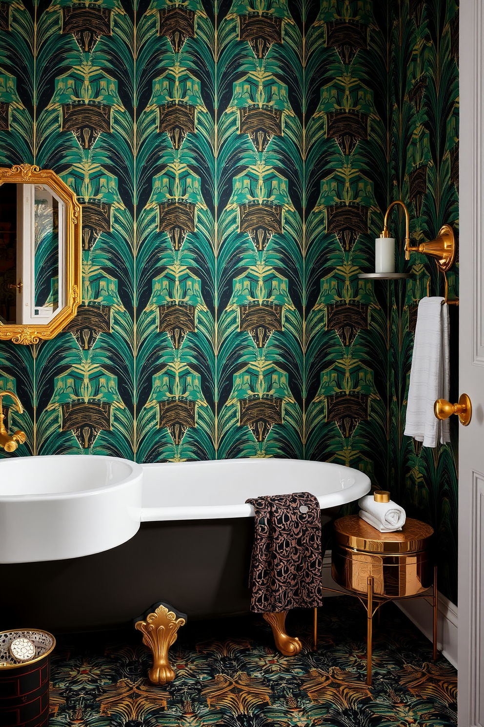 Art deco inspired bathroom featuring bold geometric patterns and luxurious textures. The wallpaper showcases rich colors like deep emerald and gold accents, creating a vintage glam atmosphere. Elegant fixtures in polished brass complement the intricate design of the wallpaper. A freestanding bathtub with claw feet sits against the wall, surrounded by decorative elements that enhance the opulent feel.