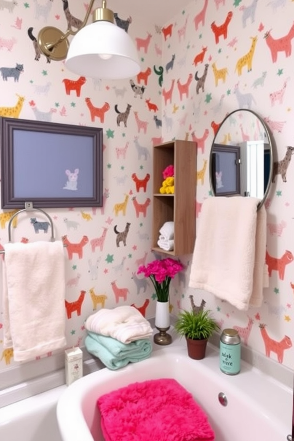 Whimsical animal prints adorn the walls, bringing a sense of playful charm to the bathroom space. The wallpaper features a variety of colorful animals in a fun, cartoonish style, creating a lively atmosphere. Soft pastel colors in the prints complement the overall decor, enhancing the cheerful vibe of the room. Accents like fluffy towels and vibrant accessories tie the look together, making the bathroom inviting and enjoyable.