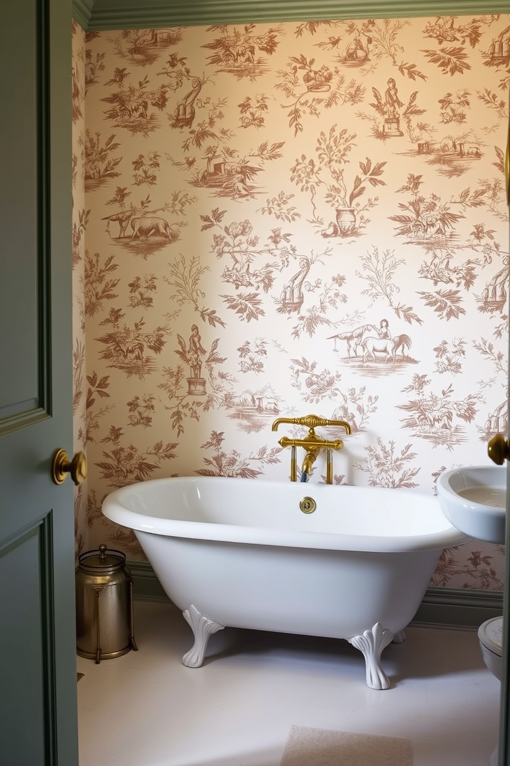 A classic toile wallpaper design features intricate scenes of pastoral life, showcasing elegant motifs in soft colors. The delicate patterns create a timeless atmosphere, perfect for enhancing the charm of a traditional bathroom setting. The wallpaper is complemented by vintage-inspired fixtures and accessories, such as a freestanding clawfoot tub and antique brass hardware. Soft lighting illuminates the space, highlighting the beauty of the toile patterns and creating a serene ambiance.