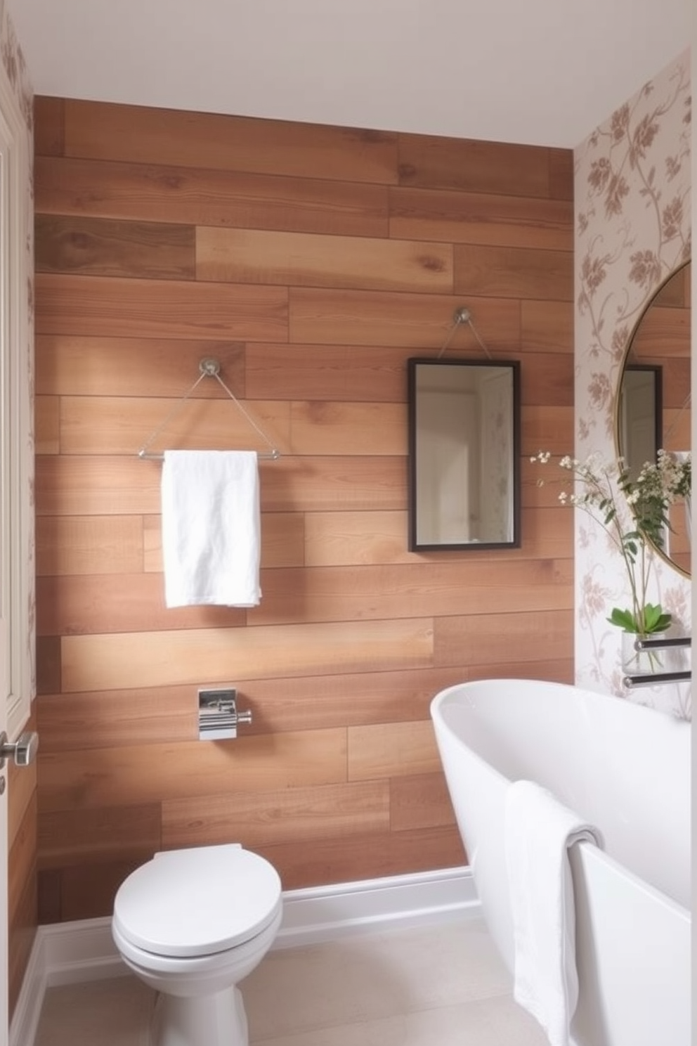 A serene bathroom featuring nature-inspired motifs that evoke a calming atmosphere. The wallpaper showcases delicate leaf patterns in soft greens and blues, creating a tranquil backdrop for relaxation. Complementing the wallpaper, a freestanding tub sits beneath a large window that allows natural light to flood the space. Lush plants are placed on the windowsill, enhancing the connection to nature and promoting a peaceful environment.