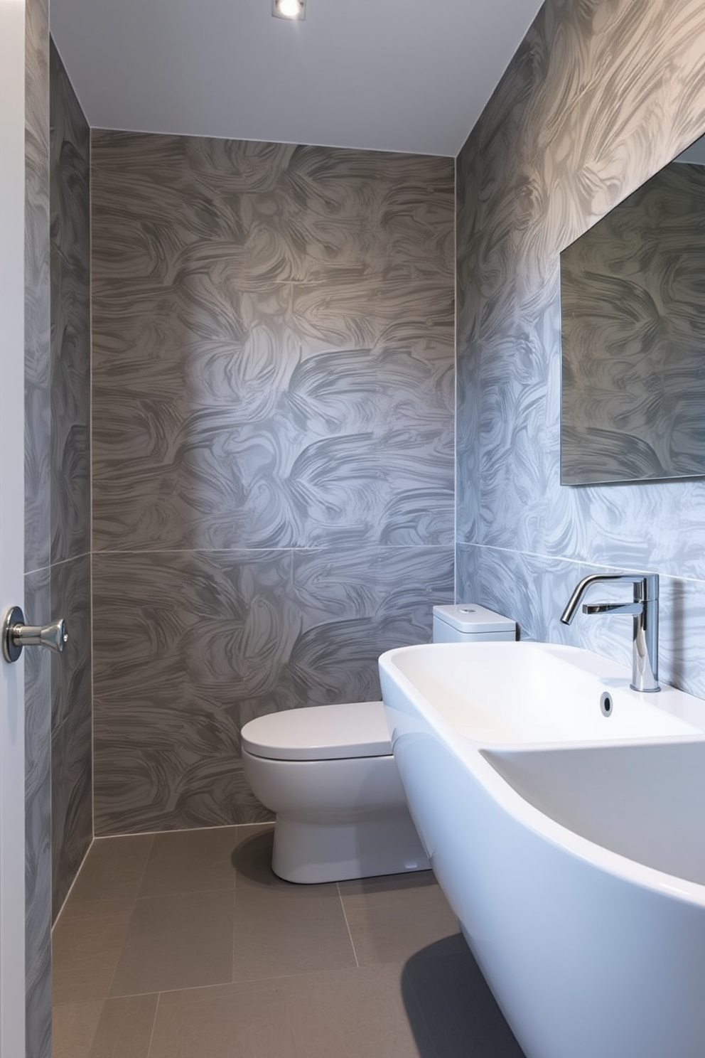 A modern bathroom featuring monochromatic patterns on the walls creates a sleek and sophisticated finish. The wallpaper design incorporates various shades of gray, enhancing the sense of depth and elegance in the space. The floor is adorned with matching tiles that complement the wallpaper, providing a seamless look. Minimalist fixtures in polished chrome add a touch of contemporary style while maintaining the monochromatic theme.