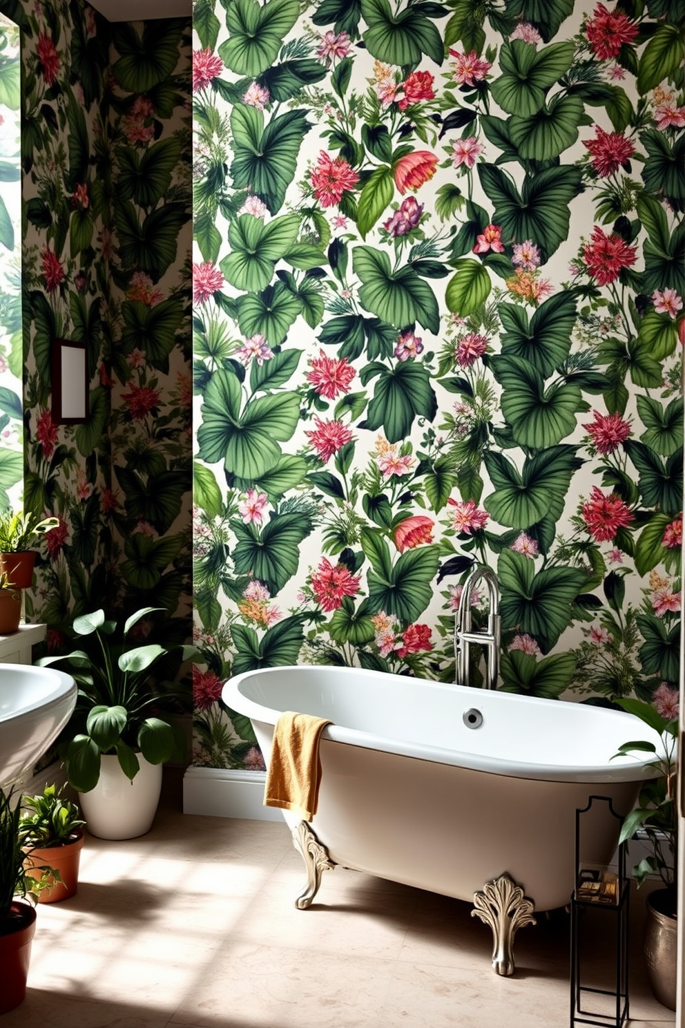 A vibrant bathroom featuring colorful wallpaper that brings energy to the space. The walls are adorned with a playful pattern of tropical leaves in shades of pink, yellow, and green. The fixtures are sleek and modern, with a white freestanding bathtub as the centerpiece. Complementing the cheerful wallpaper, the floor is covered in large white tiles that enhance the brightness of the room.