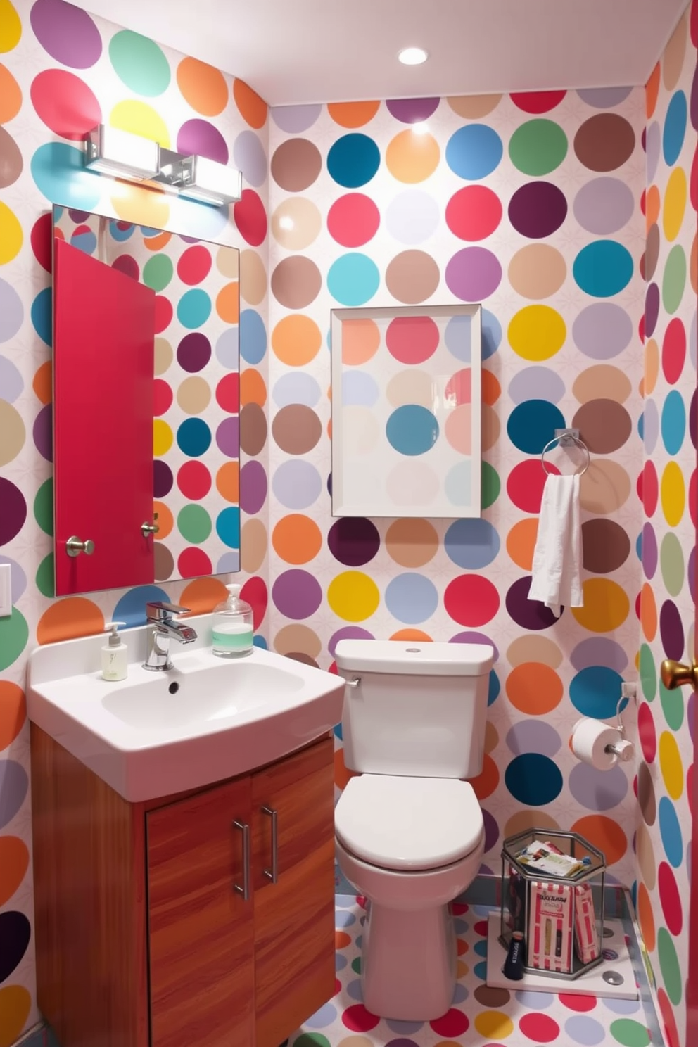 A vibrant bathroom adorned with retro polka dot wallpaper in bold colors creates a playful atmosphere. The polka dots are complemented by sleek white fixtures and a minimalist wooden vanity that adds a touch of modern elegance.