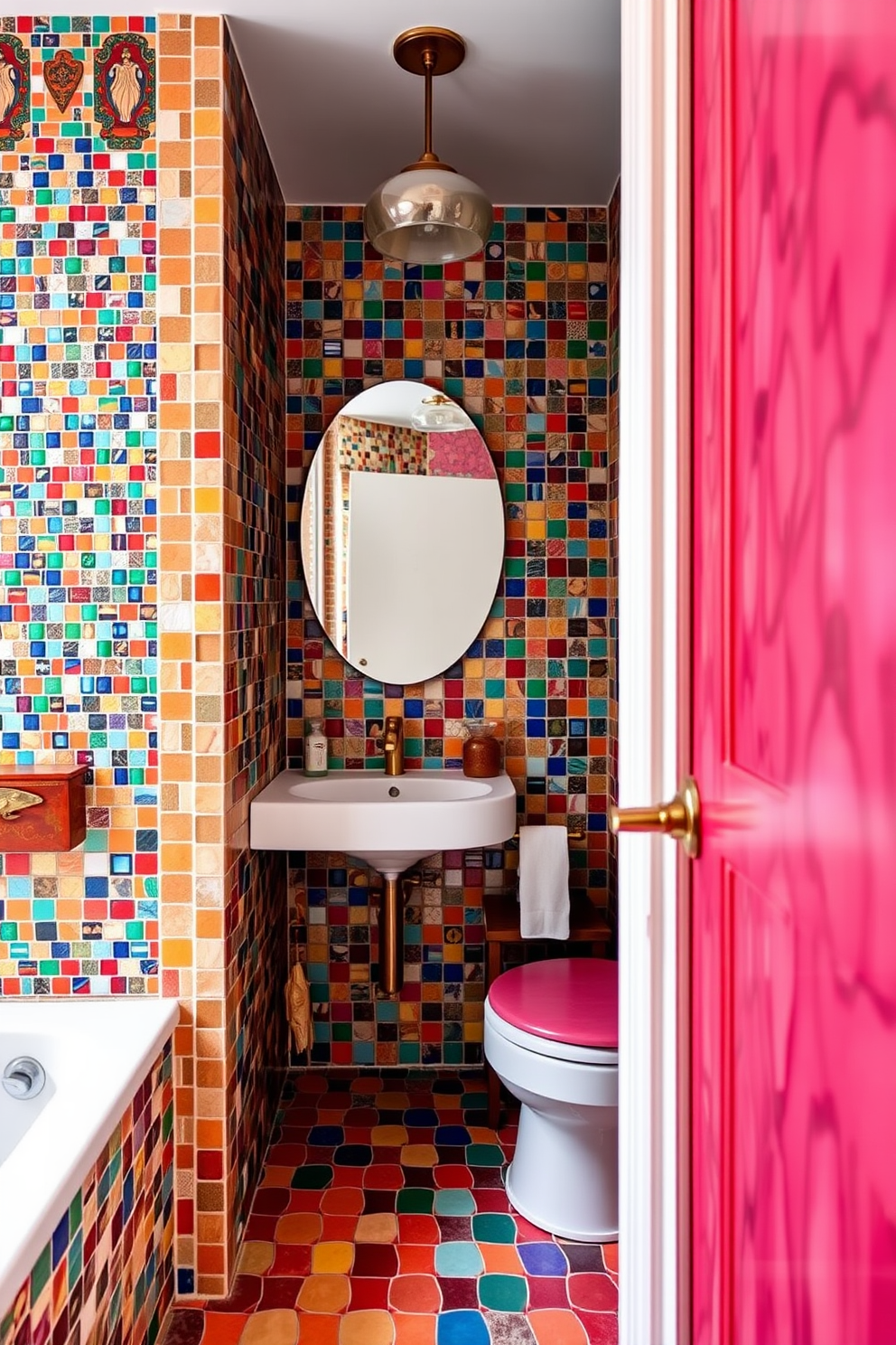 A vibrant bathroom featuring colorful mosaic tiles that create an artistic flair. The walls are adorned with a stunning wallpaper design that complements the tile work beautifully.