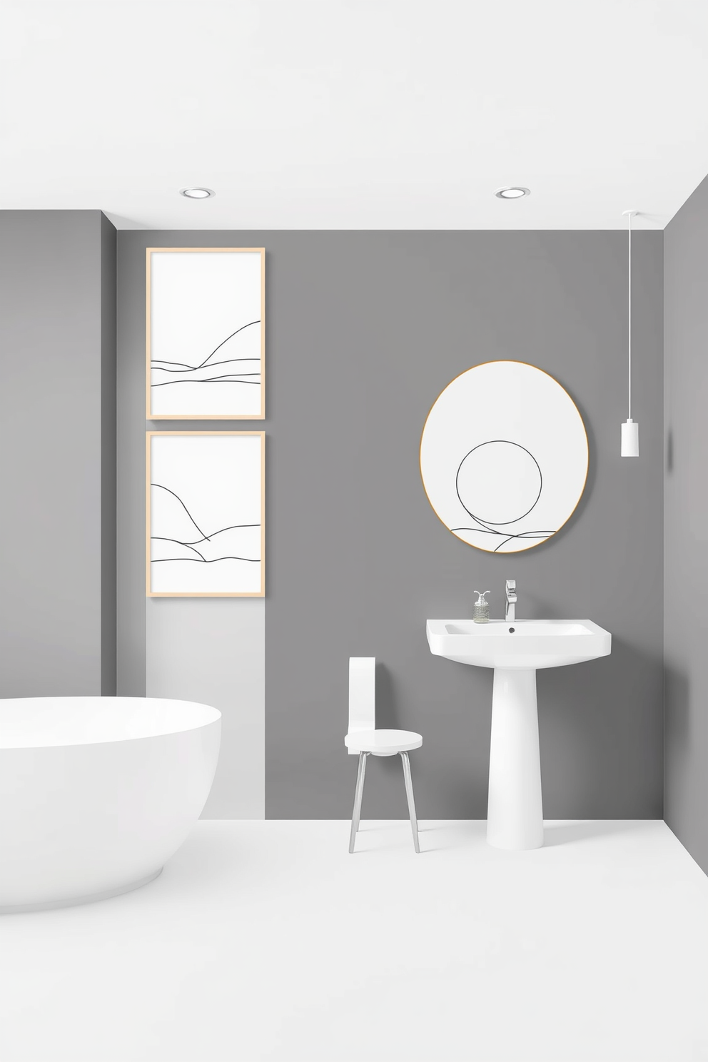 Create a collection of minimalist line art designs that emphasize simplicity and elegance. The artwork should feature clean lines and subtle shapes that evoke a sense of calm and tranquility. Generate a series of innovative bathroom wallpaper design ideas that incorporate minimalist patterns and soft color palettes. Each design should enhance the space while maintaining a serene and uncluttered aesthetic.