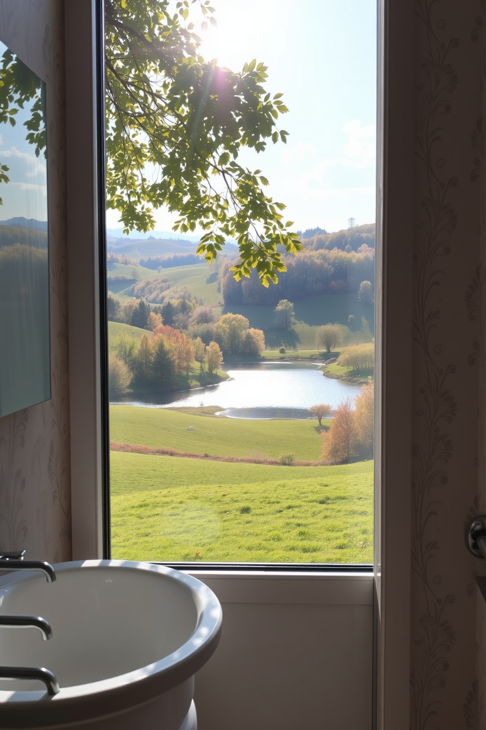 A serene landscape scene featuring rolling hills and a tranquil lake surrounded by vibrant trees. Soft sunlight filters through the leaves, casting gentle shadows on the lush grass. A bathroom adorned with elegant wallpaper showcasing delicate floral patterns in soft pastel colors. The design creates a calming atmosphere, enhancing the overall tranquility of the space.