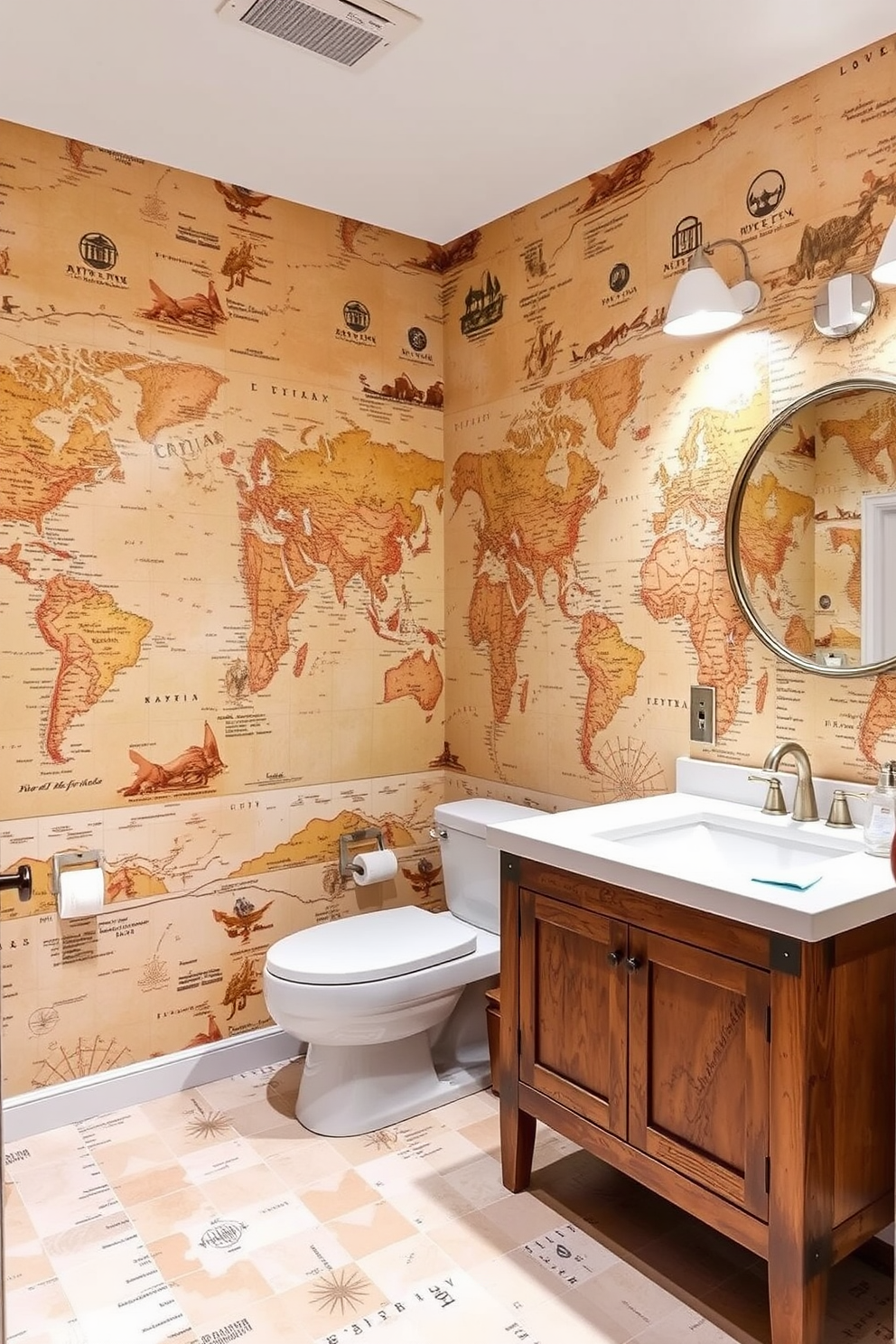 A vintage travel map wallpaper design for a bathroom. The wallpaper features faded colors and intricate details of various countries and cities, creating a nostalgic and adventurous atmosphere. The design is complemented by white fixtures and a rustic wooden vanity. Soft lighting highlights the unique patterns of the maps, making the space feel inviting and warm.