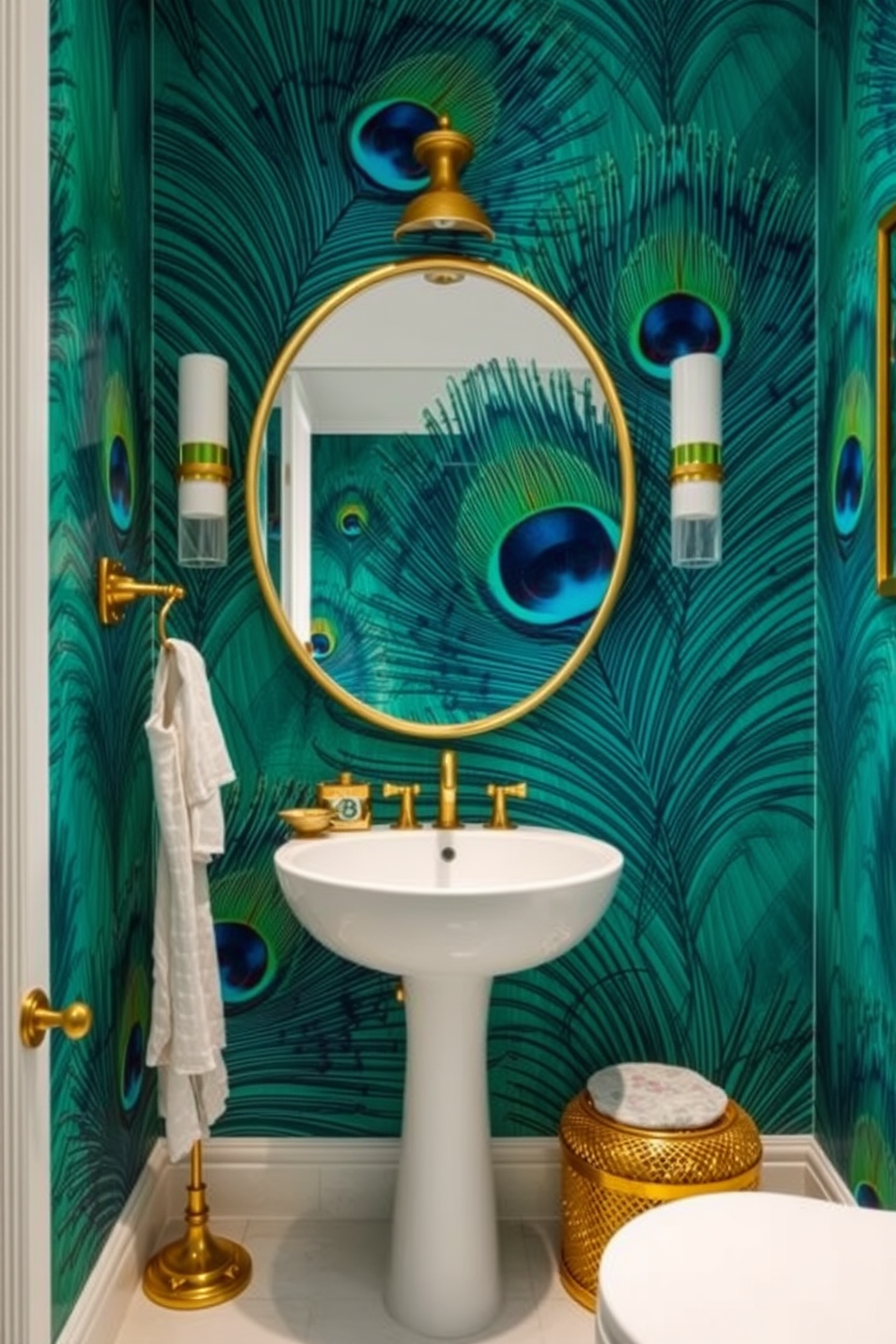 Glamorous peacock feathers create a stunning focal point in the bathroom. The wallpaper showcases vibrant hues of teal and emerald, beautifully complemented by gold accents. The design features large, intricate peacock feather motifs that add a touch of luxury. Soft lighting enhances the colors, creating a warm and inviting atmosphere.