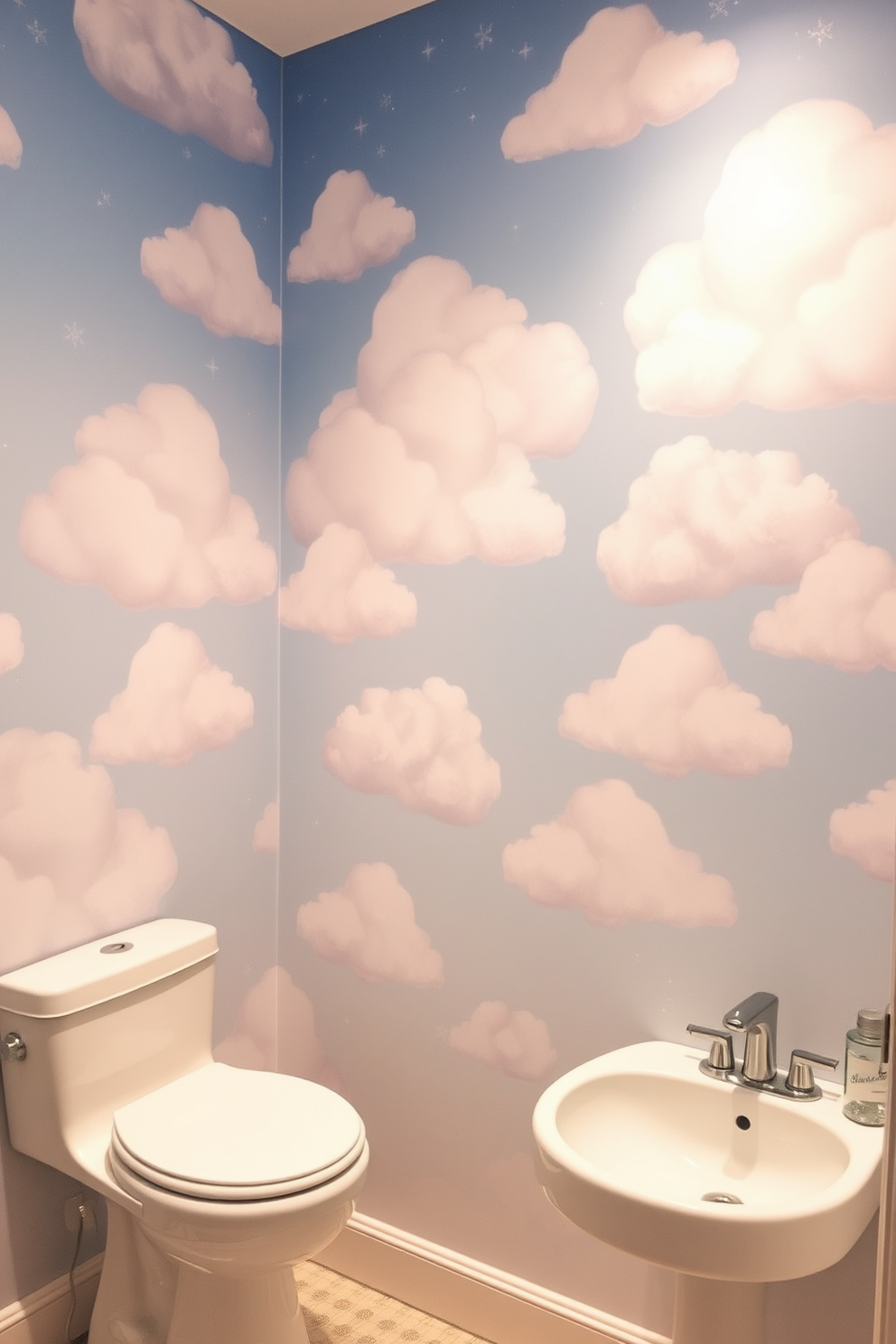 Create a whimsical bathroom wallpaper design featuring soft, fluffy clouds in various shades of white and pastel colors. The clouds should be set against a serene sky backdrop that evokes a dreamy and tranquil atmosphere. Incorporate elements such as subtle glitter or metallic accents to enhance the whimsical feel. The overall design should inspire a sense of calm and creativity, making the bathroom a delightful retreat.