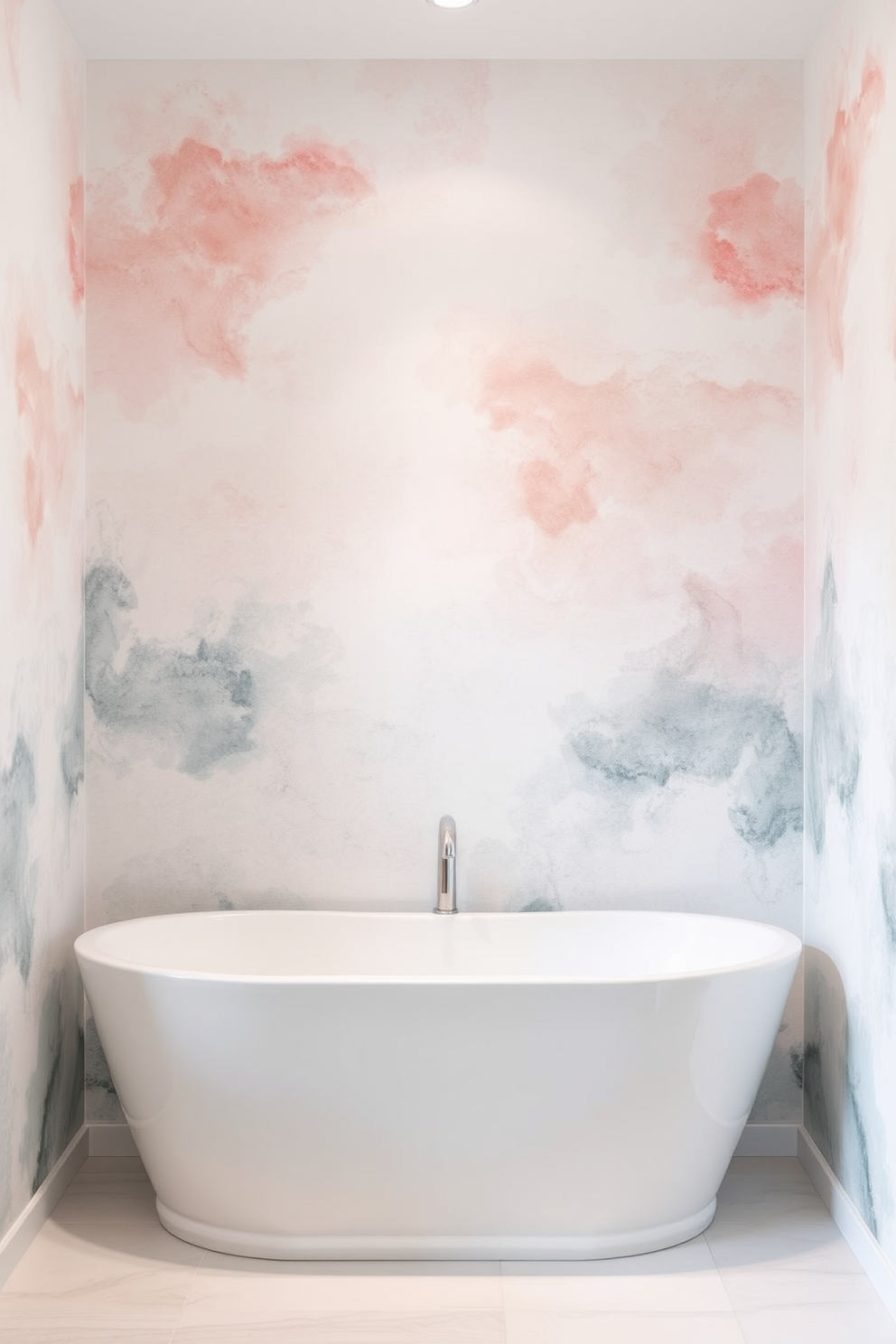 Artistic watercolor washes create a serene and inspiring ambiance in a bathroom. The wallpaper features soft hues blending seamlessly, evoking a sense of tranquility and creativity. The design includes flowing patterns reminiscent of nature, with delicate brush strokes that add depth and character. This captivating wallpaper transforms the bathroom into a personal retreat, inviting relaxation and artistic expression.