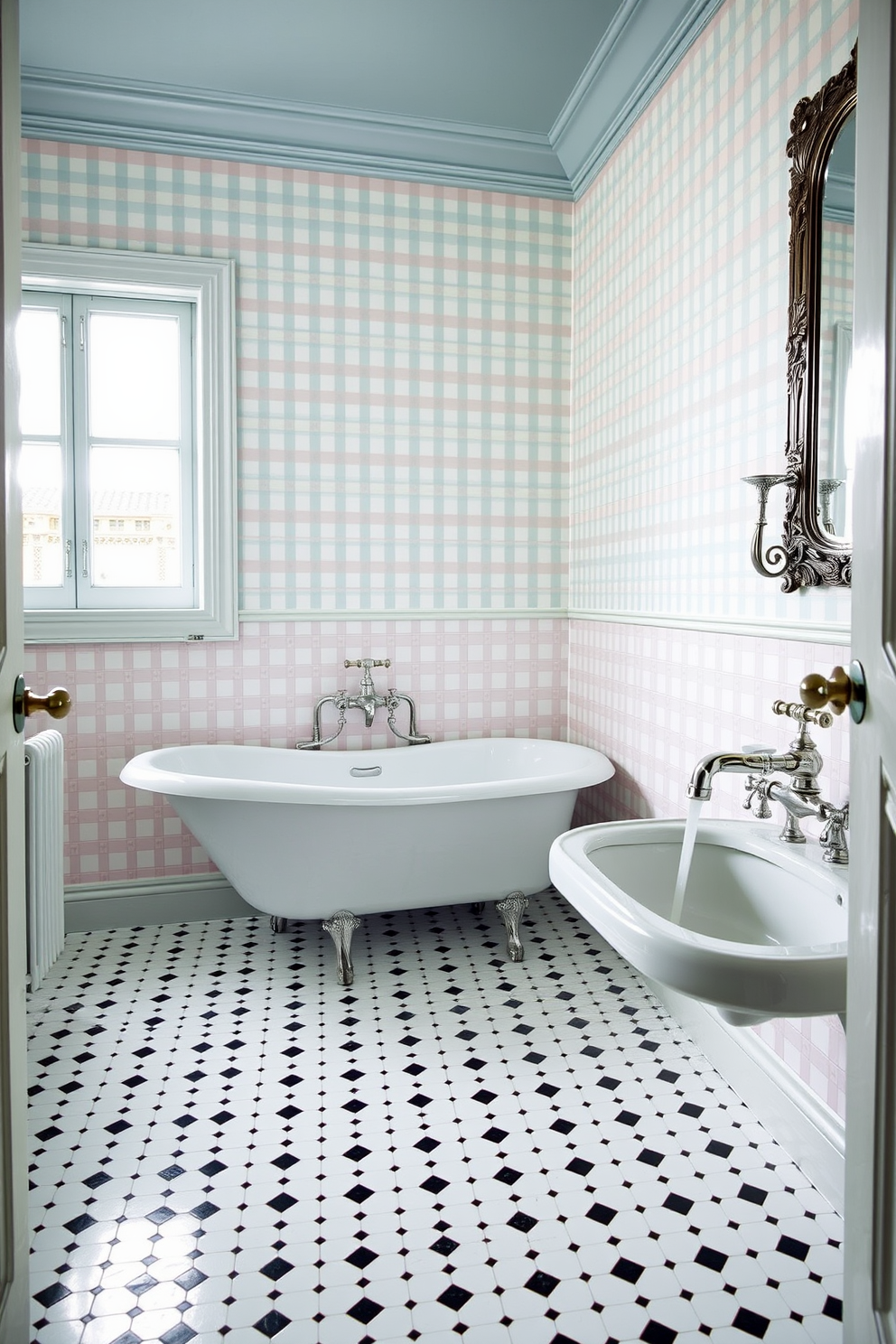 A classic bathroom setting featuring checkered wallpaper in soft pastel colors. The walls are adorned with a vintage checkered pattern that evokes a sense of nostalgia and charm. The floor is complemented by white and black tiles that create a cohesive look. Elegant fixtures, such as a freestanding tub and ornate faucets, enhance the classic appeal of the space.