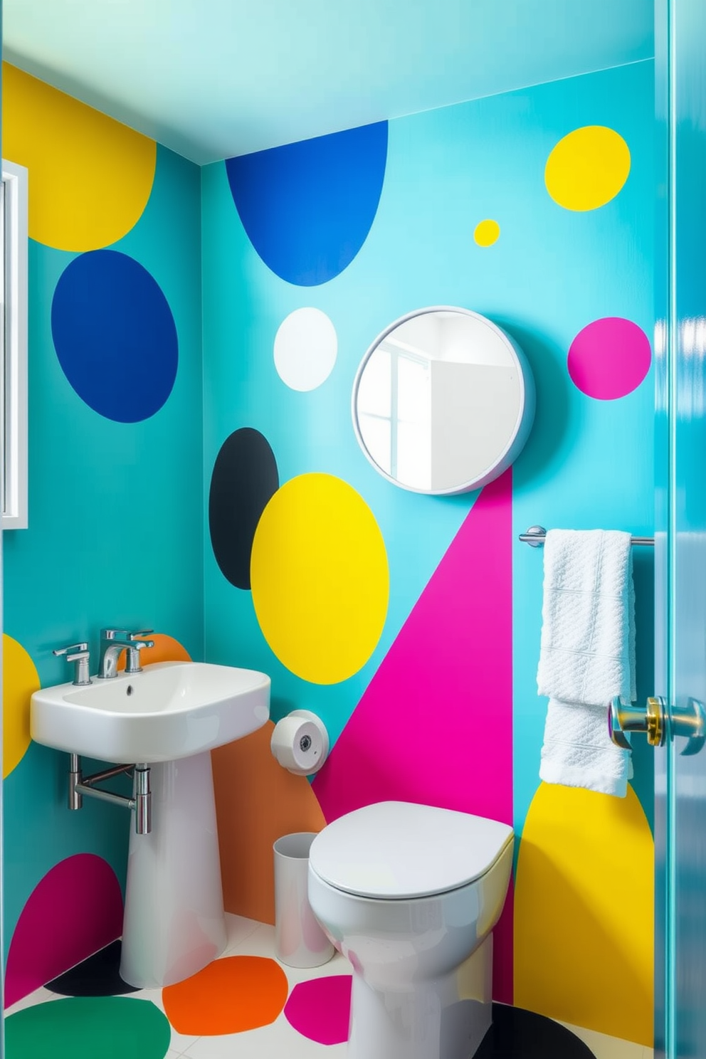 Funky abstract shapes in vibrant colors create an energetic atmosphere in the bathroom. The wallpaper features bold geometric patterns that playfully interact with the space, making it a focal point of modern design. Incorporate playful elements like oversized shapes and contrasting colors to enhance the fun vibe. This design invites creativity and adds a unique touch to the overall aesthetic of the bathroom.