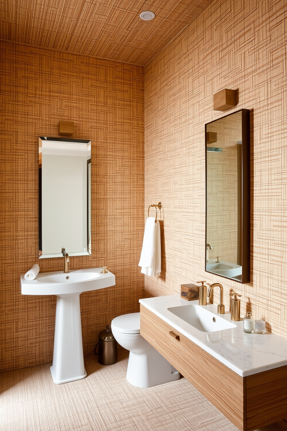 A serene bathroom atmosphere is created by subtle stripes on the wallpaper that add depth and texture to the space. The soft color palette enhances the calming effect while providing a modern touch to the overall design. The wallpaper features delicate stripes in varying shades of pastel, creating a gentle contrast that invites relaxation. This design choice complements sleek fixtures and natural materials, resulting in an elegant and cohesive look.