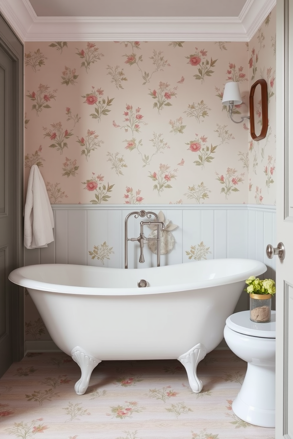 Charming cottage prints for a cozy atmosphere. The walls are adorned with delicate floral patterns in soft pastel hues, creating a warm and inviting feel. Bathroom wallpaper design ideas. Consider a vintage-inspired print featuring subtle botanical motifs, paired with a classic white freestanding tub for an elegant touch.