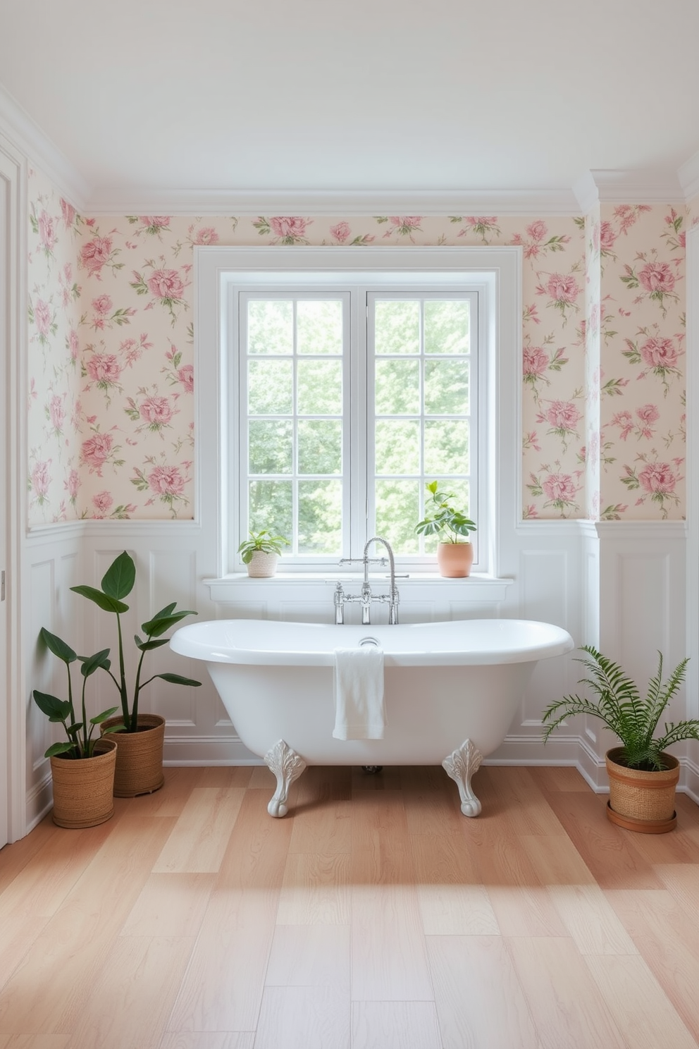 A serene bathroom setting with soft pastel colors creating a calming atmosphere. The walls are adorned with delicate floral wallpaper in shades of blush pink and mint green, complemented by white wainscoting. The flooring features light oak planks that add warmth to the space. A freestanding bathtub is positioned near a window, surrounded by potted plants for a touch of nature.