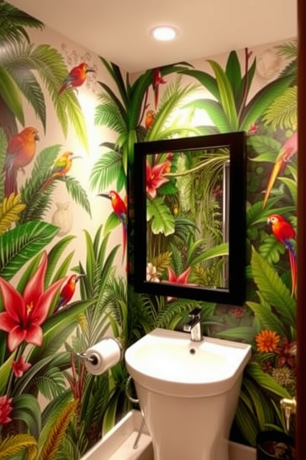 A vibrant jungle mural adorns the walls, featuring lush greenery and colorful tropical birds. The design creates an exotic atmosphere, transforming the bathroom into a serene oasis. The wallpaper showcases a harmonious blend of vivid colors and intricate patterns, reminiscent of a tropical rainforest. Soft lighting enhances the mural, bringing the jungle to life and adding an inviting warmth to the space.