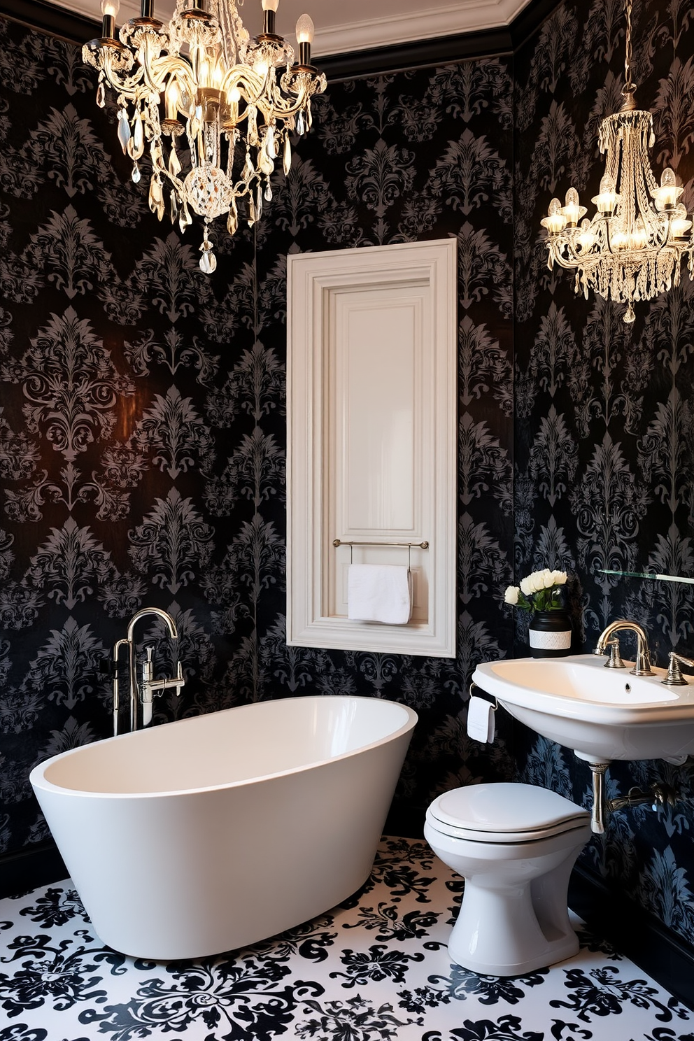 A luxurious bathroom adorned with black and white damask wallpaper that exudes elegance. The intricate patterns create a striking backdrop for modern fixtures and accessories. The space features a sleek freestanding bathtub positioned against the wallpaper, adding a touch of sophistication. Complementing the design, a chic chandelier hangs from the ceiling, casting a warm glow throughout the room.