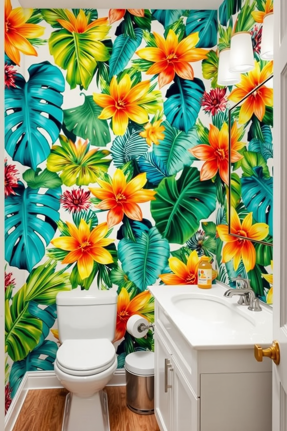 Bright tropical prints create a vibrant and lively atmosphere in a bathroom. The wallpaper features large, colorful leaves and exotic flowers that instantly energize the space. The design incorporates a mix of bold colors like turquoise, sunny yellow, and lush green. This playful pattern is complemented by white fixtures and natural wood accents for a balanced look.