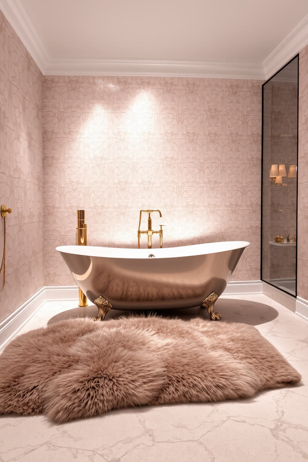 A serene bathroom setting featuring pastel-colored wallpaper with delicate floral patterns. The soft hues create a calming atmosphere, complemented by white fixtures and natural light streaming through a window. The design includes a vintage-style clawfoot bathtub adorned with pastel accessories. A plush rug in a coordinating shade adds warmth to the space, enhancing the overall aesthetic.