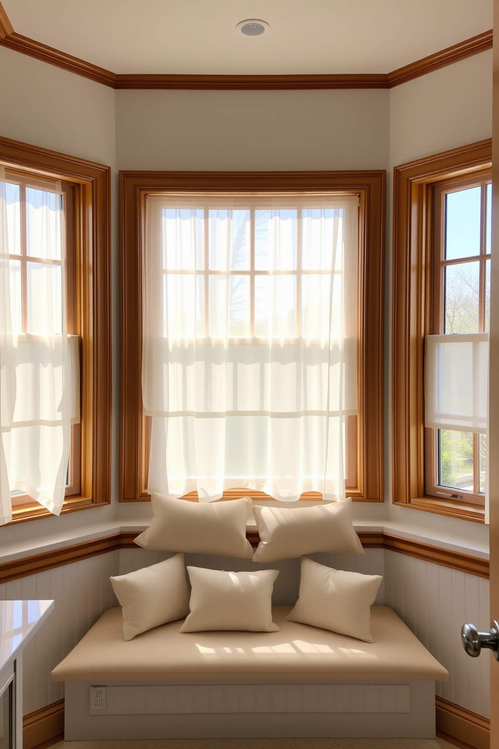 A bright and airy bathroom featuring bay windows that create a spacious feel. The windows are adorned with sheer white curtains that gently diffuse the natural light streaming in. The bay windows are framed by elegant wooden trim, adding warmth to the overall design. Below the windows, a cozy window seat is complemented with plush cushions, providing a perfect spot to relax and enjoy the view.