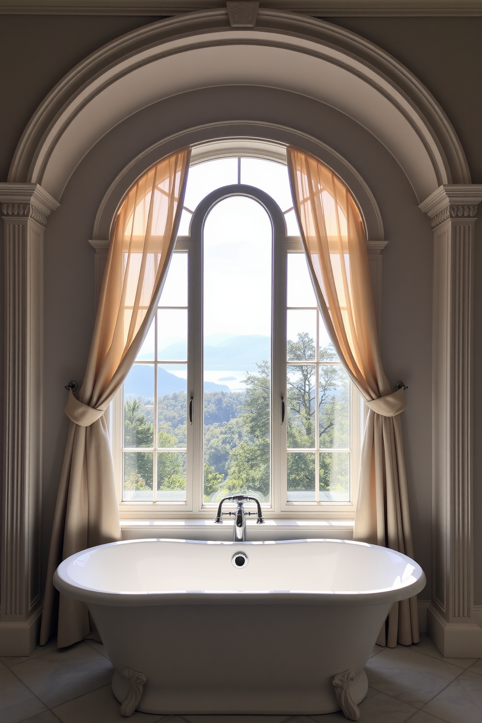 A pair of arched windows frame a stunning view, allowing natural light to cascade into the bathroom. The elegant design features soft drapes that complement the overall color palette, enhancing the serene atmosphere. The windows are adorned with intricate moldings that add a touch of sophistication to the space. Below, a stylish bathtub sits beneath the arches, creating a perfect focal point for relaxation and tranquility.