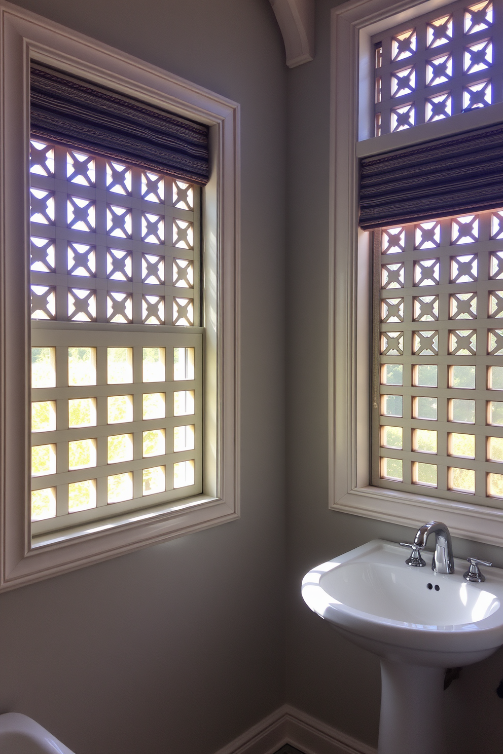 Double-hung windows framed in white wood bring a timeless elegance to the bathroom. Natural light floods the space, enhancing the soft color palette of the surrounding decor. The window design features intricate grid patterns that complement the classic architectural elements. Elegant curtains in a light fabric drape gracefully, adding a touch of softness to the overall aesthetic.