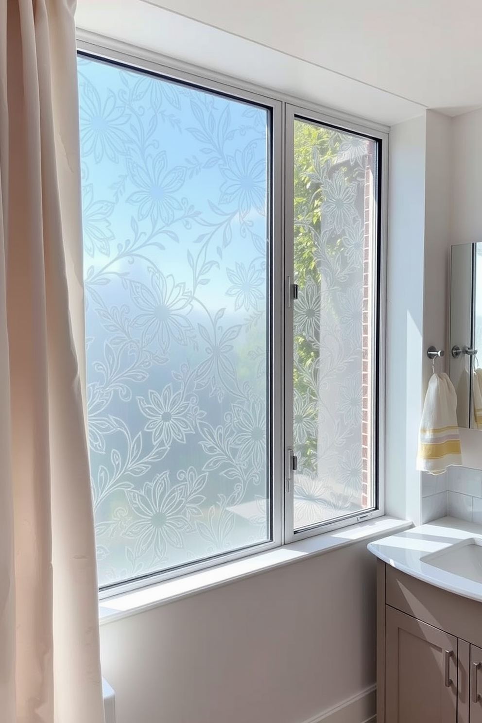 A decorative window film featuring an intricate floral pattern is applied to a large bathroom window, allowing natural light to filter through while ensuring privacy. The film complements the soft pastel color palette of the bathroom, enhancing the overall aesthetic and creating a serene atmosphere. The window design showcases a sleek frame with a minimalist style, harmonizing with the modern fixtures of the space. Soft curtains in a light fabric can be pulled back to reveal the film's beauty, adding an elegant touch to the bathroom's decor.