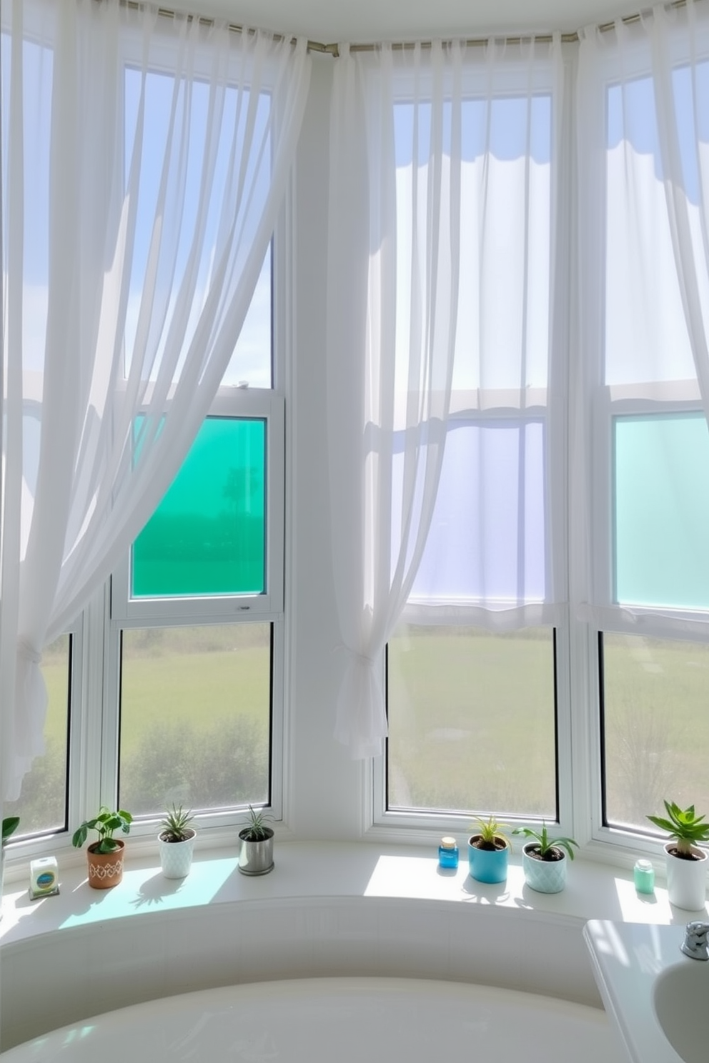 A bright and airy bathroom features large windows adorned with sheer white curtains that allow natural light to flood the space. Colored glass accents in shades of blue and green are integrated into the window design, adding a playful touch while maintaining privacy. The windowsills are decorated with potted plants and small decorative items that complement the colored glass. This design creates a vibrant atmosphere, making the bathroom feel like a personal oasis.