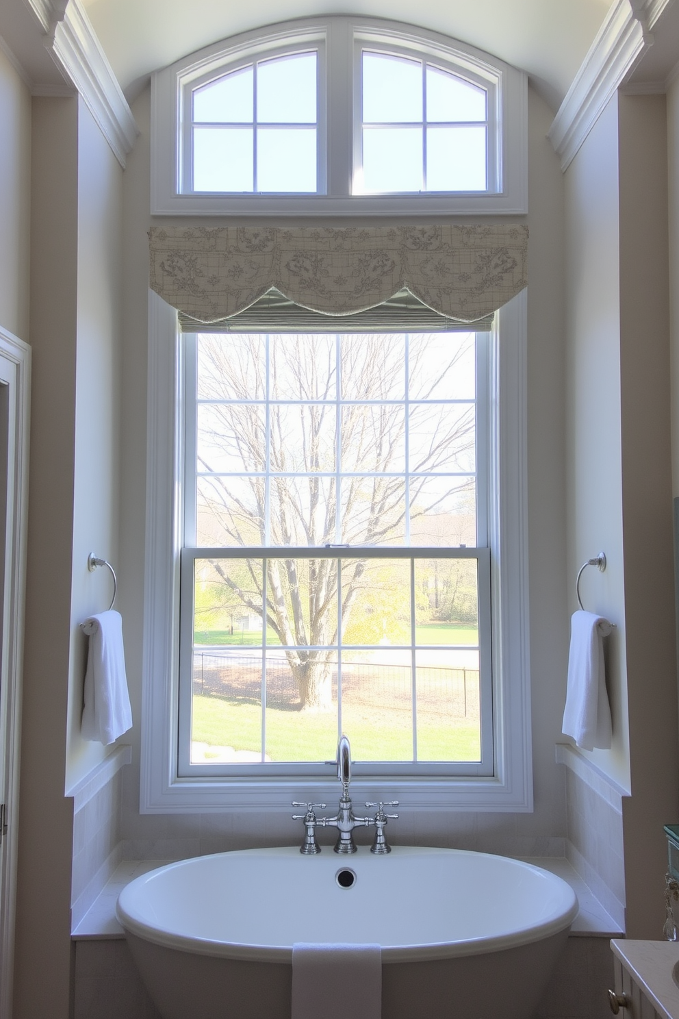 A bright and airy bathroom featuring a large main window flanked by elegant transom windows above. The transom windows allow natural light to flood the space, enhancing the serene atmosphere and showcasing the stylish window treatments.