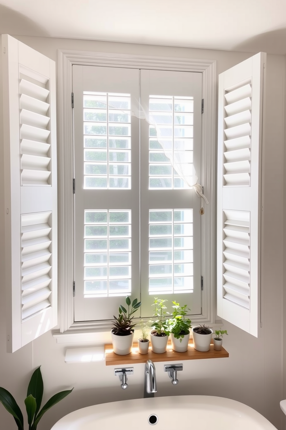 A bright and airy bathroom featuring plantation shutters that allow natural light to filter through while maintaining privacy. The shutters are painted in a crisp white, complementing the soft pastel hues of the walls, creating a serene and elegant atmosphere. The window is adorned with a delicate sheer curtain that gently drapes to the sides, enhancing the charm of the space. Below the window, a stylish wooden ledge holds a collection of potted plants, bringing a touch of nature into the design.