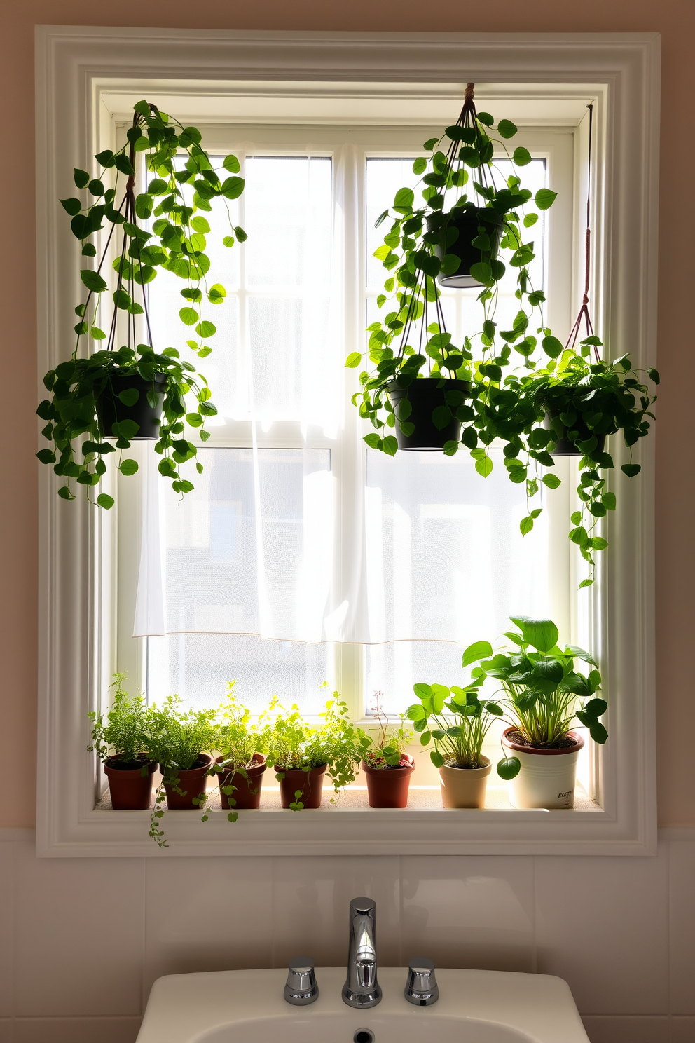 Hanging plants gracefully adorn the window sills, bringing a touch of nature indoors and enhancing the overall ambiance. The window frames are painted in a crisp white, allowing the lush greenery to stand out beautifully against the backdrop of soft pastel walls. The bathroom window features sheer curtains that gently diffuse natural light, creating a warm and inviting atmosphere. Below the window, a stylish ledge showcases an array of potted herbs, adding both aesthetic appeal and functionality to the space.