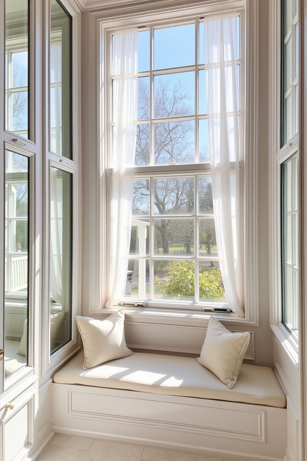 A compact bathroom design featuring vertical sliding windows that maximize natural light while saving space. The windows are framed in sleek aluminum, complementing the modern aesthetic of the room. The interior showcases a minimalist approach with a clean white color palette and subtle accents. A stylish window treatment enhances privacy while maintaining a bright and airy atmosphere.