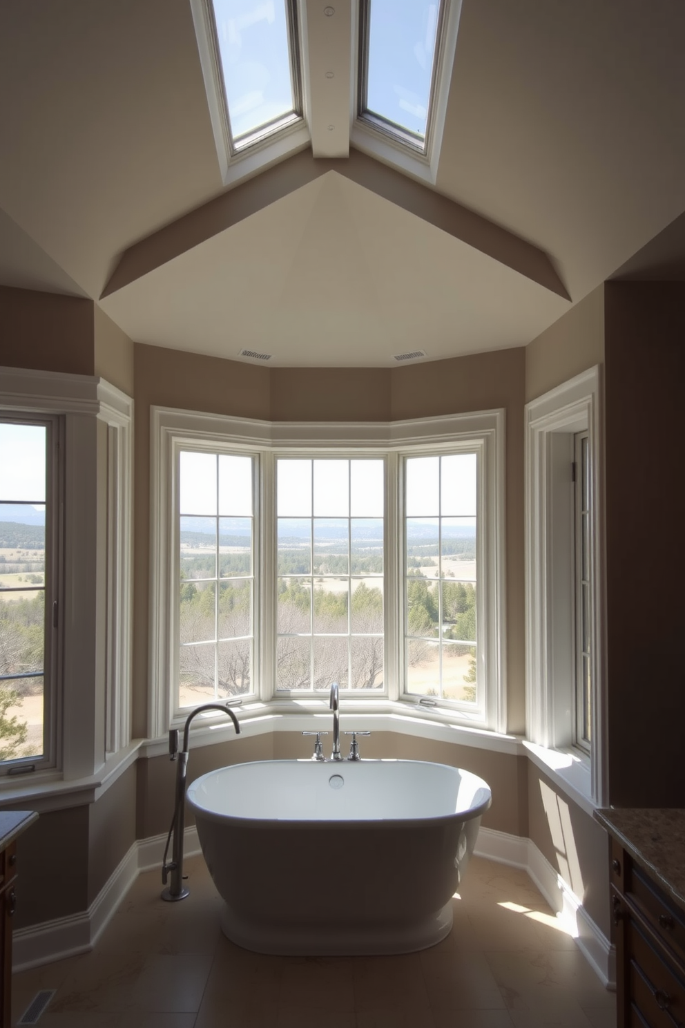 A serene bathroom featuring corner windows that provide panoramic views of the surrounding landscape. The windows are framed with elegant white trim, allowing natural light to flood the space and create a bright atmosphere. The interior design includes a freestanding soaking tub positioned to take advantage of the views. Soft, neutral tones on the walls complement the warm wooden accents throughout the room.