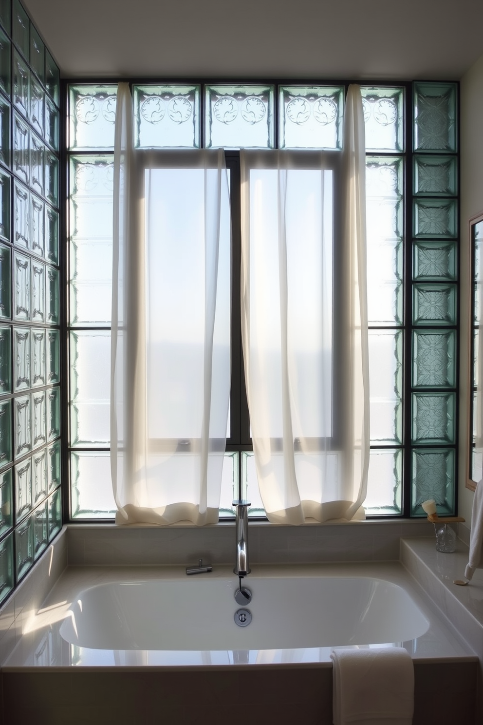 A modern bathroom featuring glass block walls that create a unique and stylish ambiance. The design incorporates large glass blocks that allow natural light to filter through while maintaining privacy. The window design complements the glass block walls with sleek, minimalist frames. Soft, sheer curtains add a touch of elegance while enhancing the overall contemporary feel of the space.