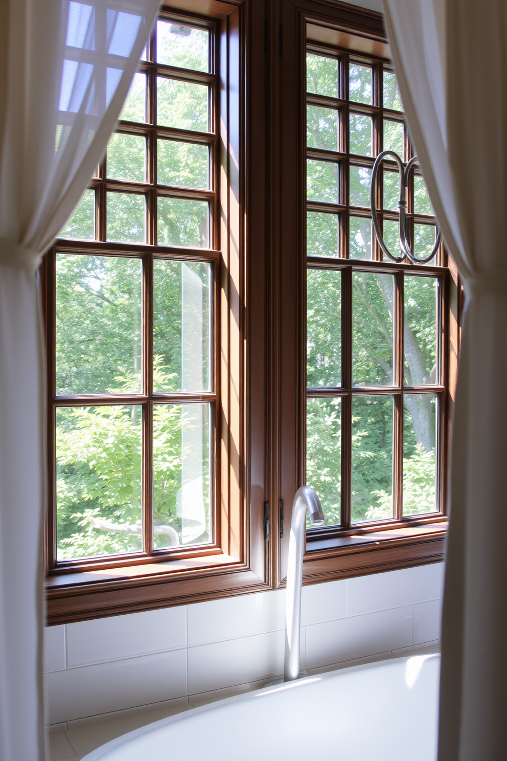 Decorative curtains that gracefully frame a large window, allowing soft natural light to filter through. The fabric features a delicate floral pattern in pastel colors, enhancing the serene atmosphere of the room. A cozy reading nook is created by placing a plush armchair near the window, complemented by a small side table. The curtains are drawn open slightly, inviting a gentle breeze while maintaining a sense of privacy.