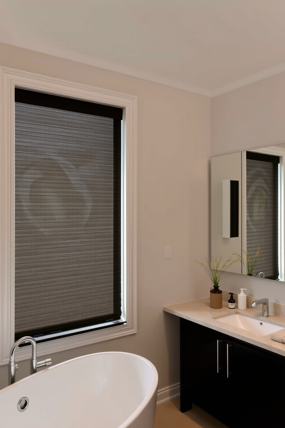 A serene bathroom retreat featuring blackout shades that ensure complete darkness for relaxation. The shades are elegantly designed to complement the overall aesthetic of the space while providing optimal light control. The window design incorporates sleek lines and modern finishes, enhancing the ambiance of the room. Natural light can be filtered in during the day, creating a tranquil atmosphere when the shades are drawn.