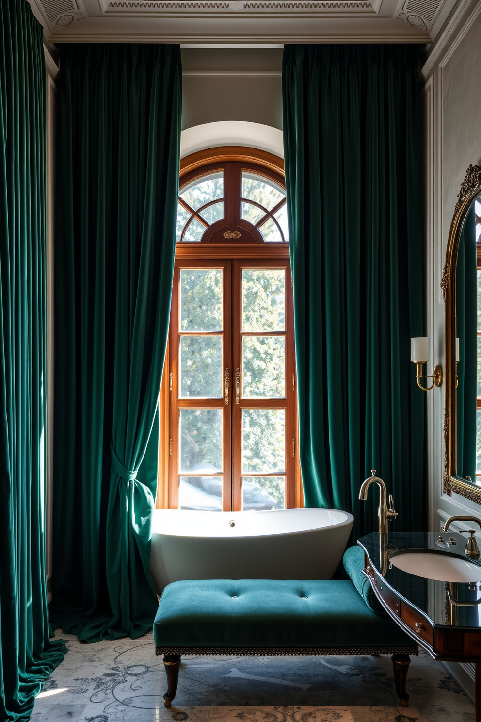 A luxurious bathroom with floor-to-ceiling velvet drapes in a rich emerald green color. The drapes frame a large window that allows soft natural light to filter through, enhancing the opulent atmosphere. The window features a stylish wooden frame with intricate detailing, complementing the elegant drapes. A plush chaise lounge is positioned nearby, inviting relaxation and indulgence in this serene space.