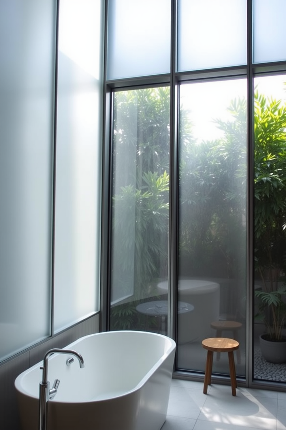 Translucent panels allow soft light to filter into the bathroom, creating a serene and inviting atmosphere. The design features large, frosted glass windows that enhance privacy while still illuminating the space with natural light. The window frames are crafted from sleek, modern materials that complement the overall aesthetic of the bathroom. Lush greenery is visible outside, adding a touch of nature and tranquility to the interior design.