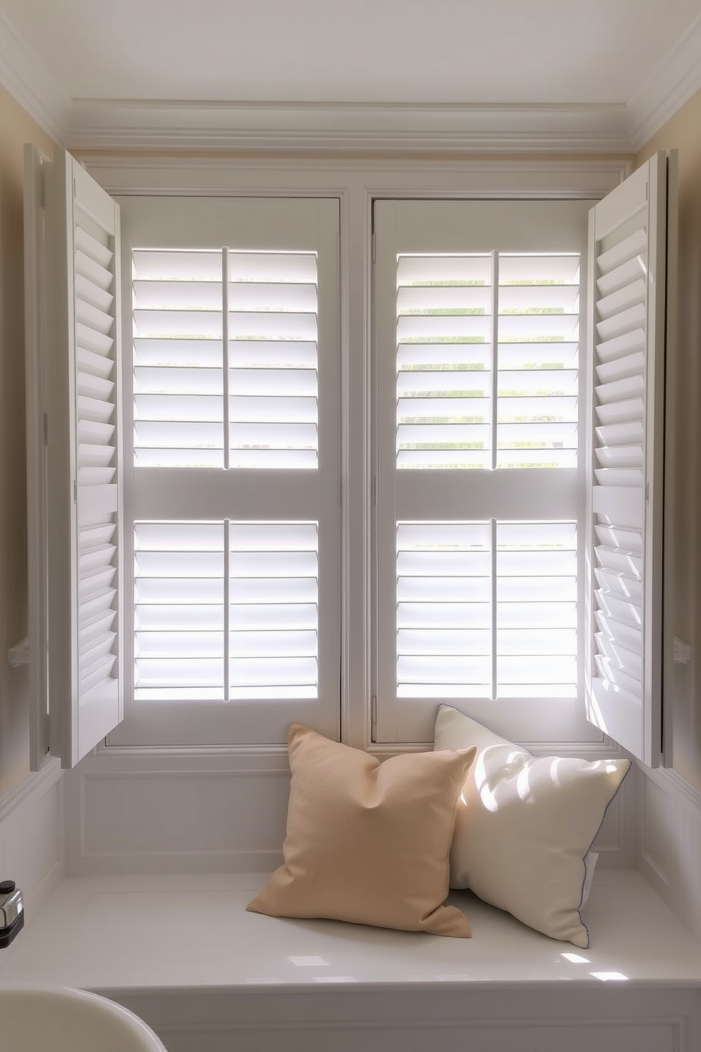 Shuttered windows frame the bathroom, adding a touch of classic charm to the space. The soft natural light filters through the slats, creating a warm and inviting atmosphere. The windows are adorned with elegant white shutters that complement the overall decor. A cozy window seat beneath the shutters invites relaxation, adorned with plush cushions in soothing colors.