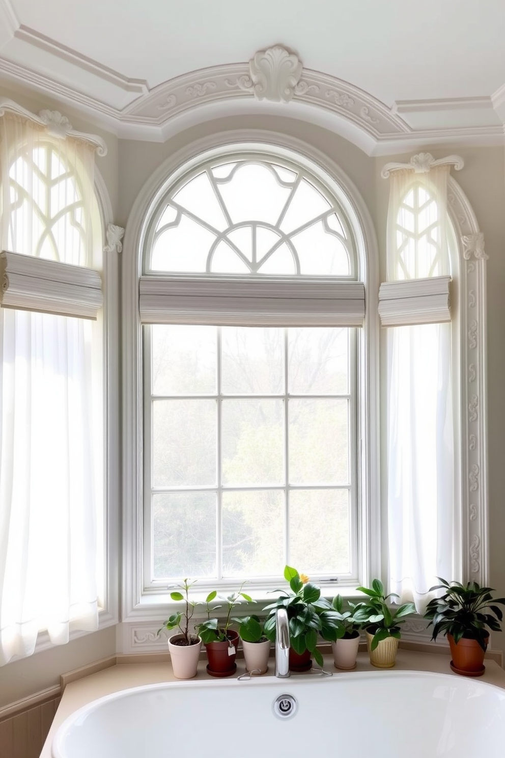 Elegant bathroom window design featuring intricate architectural window moldings that enhance the overall aesthetic. The windows are adorned with sheer white curtains that softly diffuse natural light while highlighting the detailed craftsmanship of the moldings. The design incorporates a large, arched window with a decorative trim that complements the bathroom's style. Surrounding the window, a small ledge is decorated with potted plants that add a touch of greenery and freshness to the space.