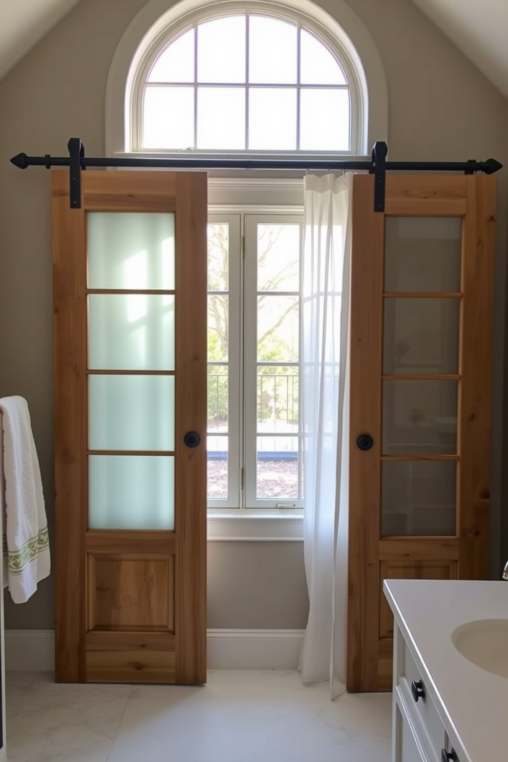 A stunning bathroom window features vibrant stained glass panels that create a kaleidoscope of colors when sunlight filters through. The intricate designs showcase floral motifs, adding an artistic flair to the overall aesthetic of the space. The window is framed with elegant wood trim that complements the surrounding decor. Soft sheer curtains can be drawn for privacy while still allowing natural light to illuminate the room.