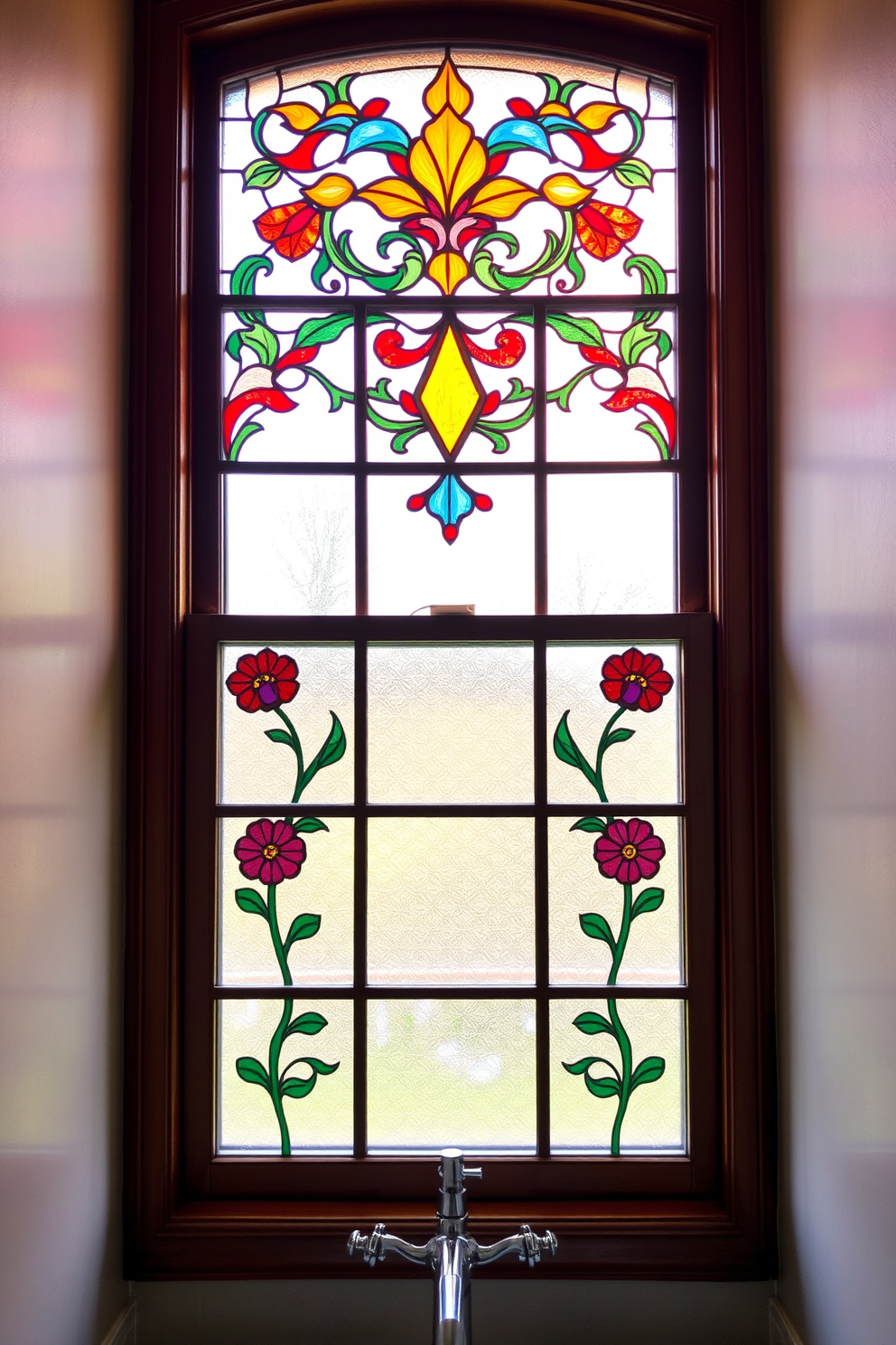 A stunning bathroom window adorned with intricate stained glass panels that cast colorful light across the room. The design features floral motifs and geometric shapes, creating an artistic focal point that enhances the overall ambiance. The window frame is crafted from rich wood, complementing the warm tones of the bathroom decor. Soft natural light filters through, illuminating the space while maintaining privacy and adding a unique artistic flair.